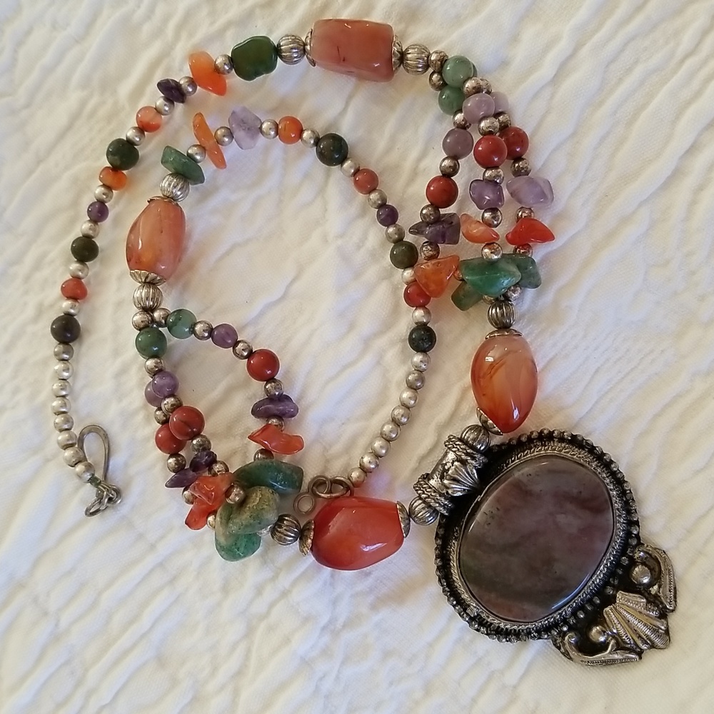 Lovely Earth-toned Stone and Silver necklace purchased in India